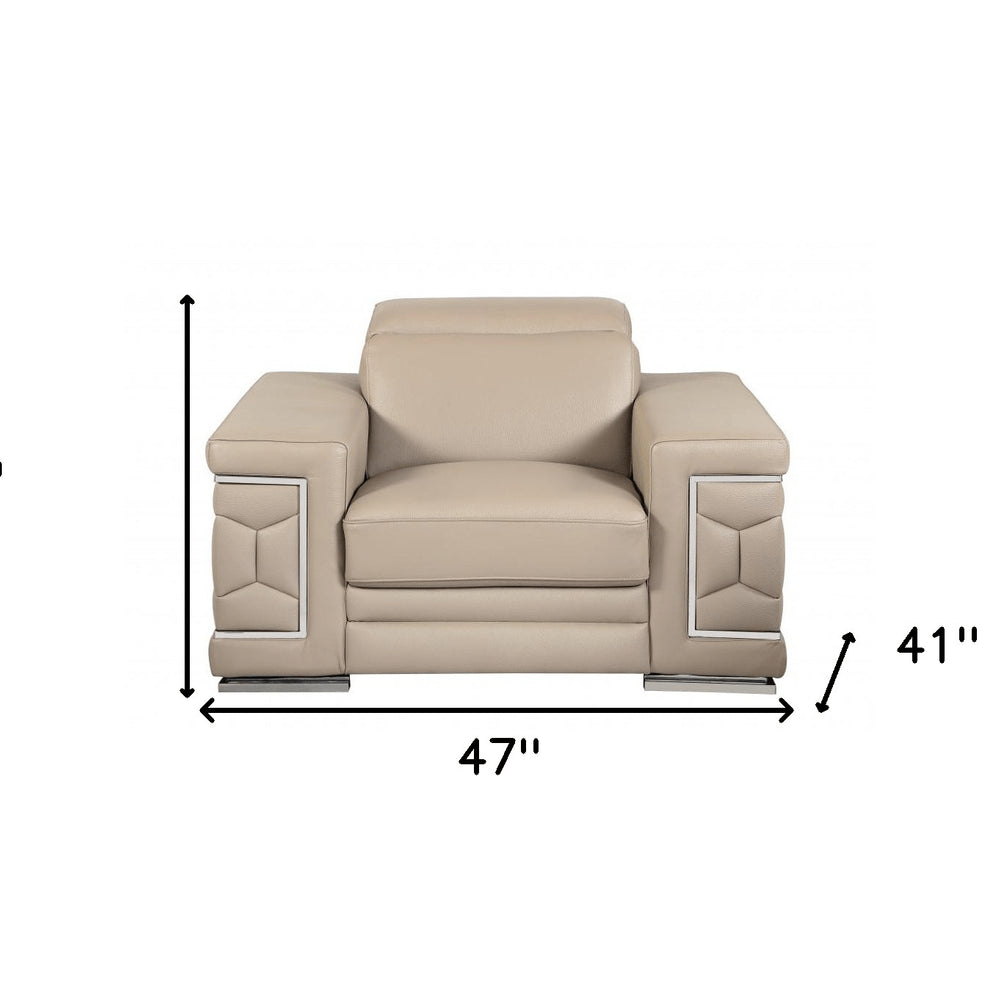 47" Brown And Silver Genuine Leather Arm Chair