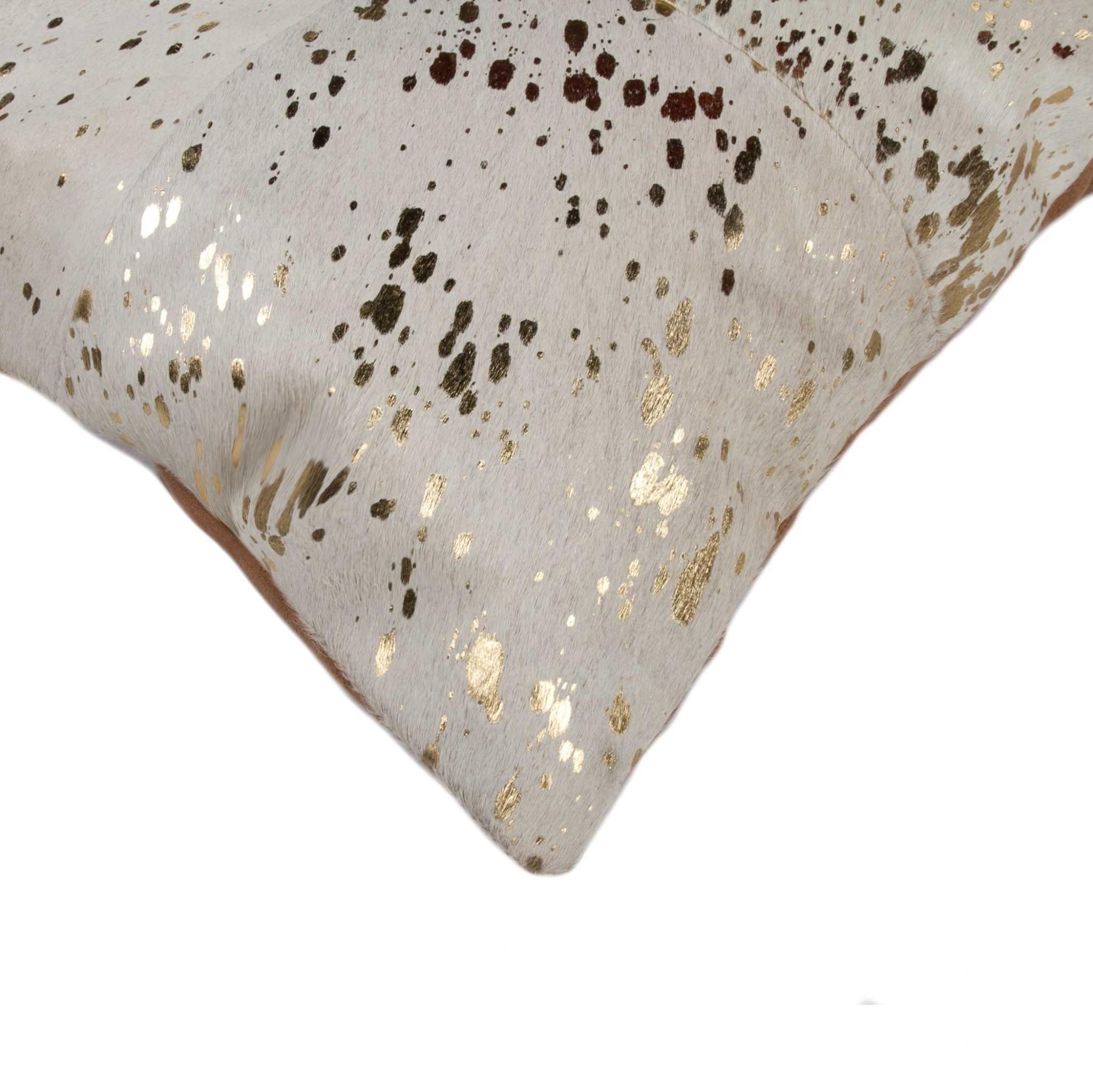 18" Natural And Gold Cowhide Throw Pillow