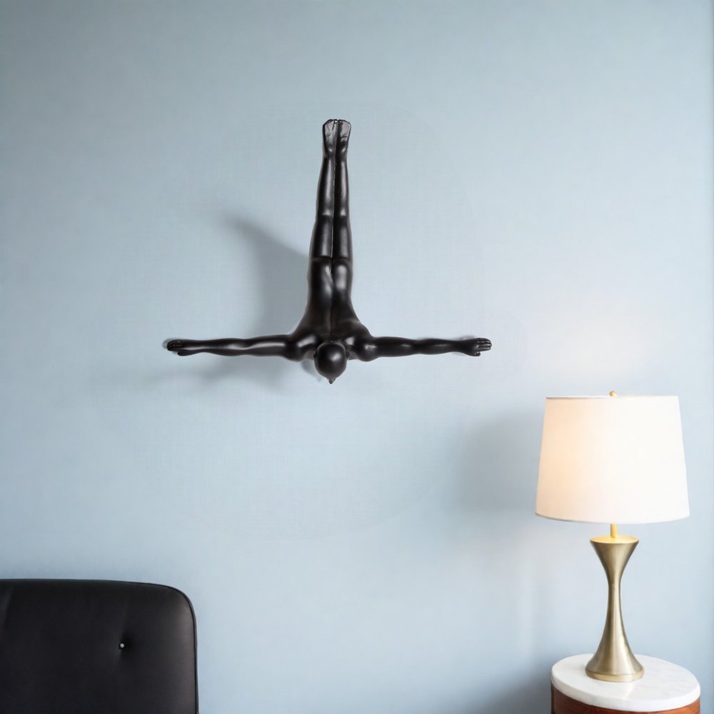 7" X 7" Black Resin Diving Man Hanging Dimensional Sculpture