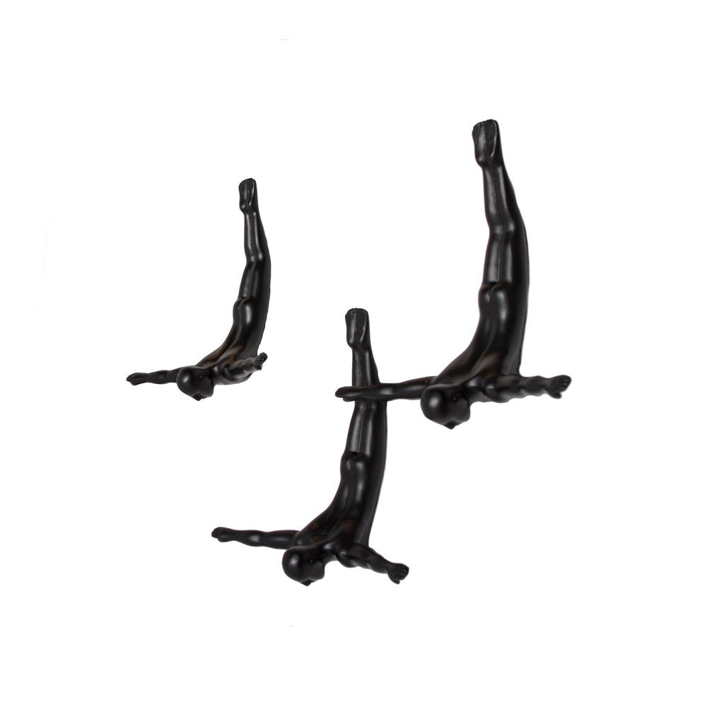 Set of Three Black Resin Diving Man Hanging Dimensional Sculpture