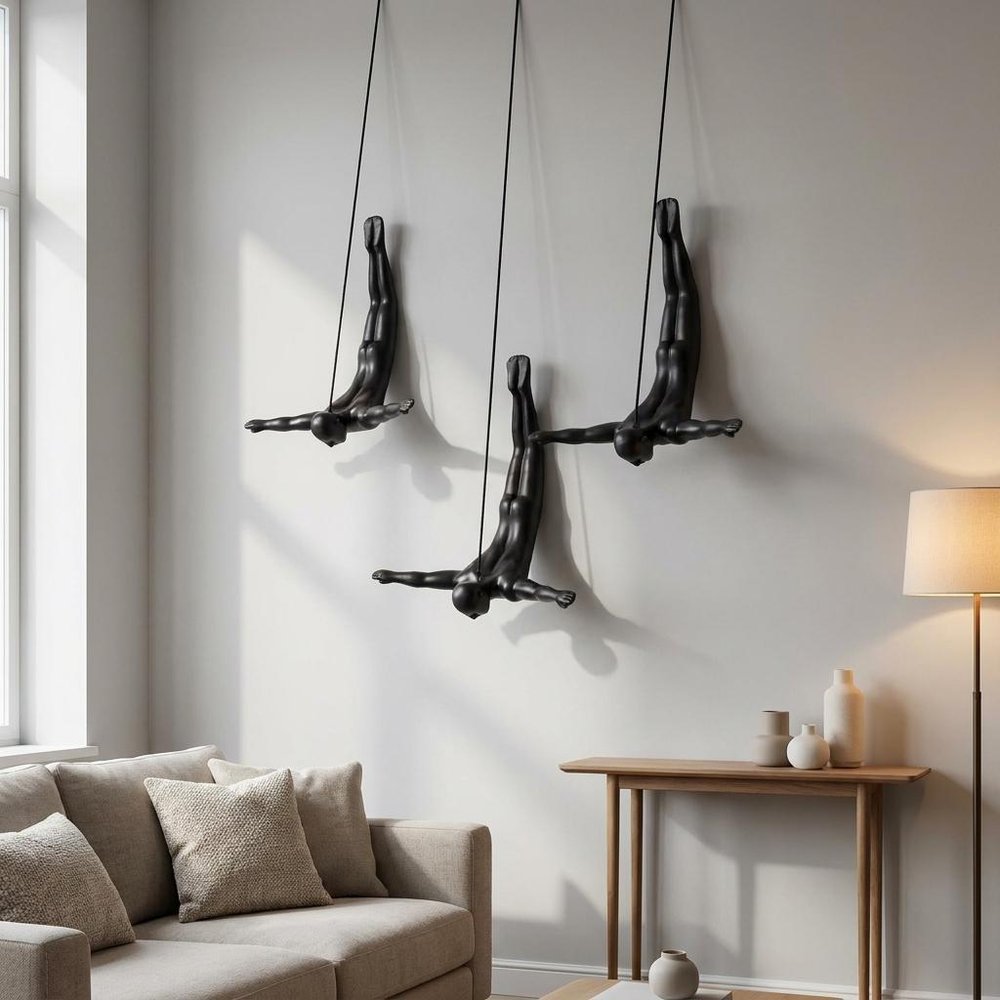 Set of Three Black Resin Diving Man Hanging Dimensional Sculpture