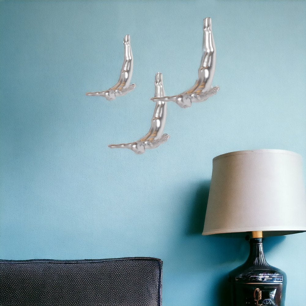 Set of Three Silver Resin Diving Man Hanging Dimensional Sculpture