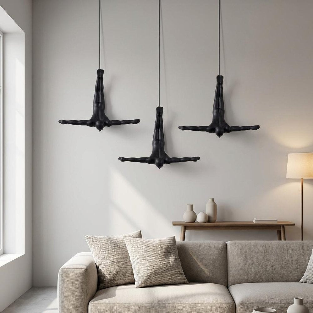 Set of Three Black Resin Diving Man Hanging Dimensional Sculpture