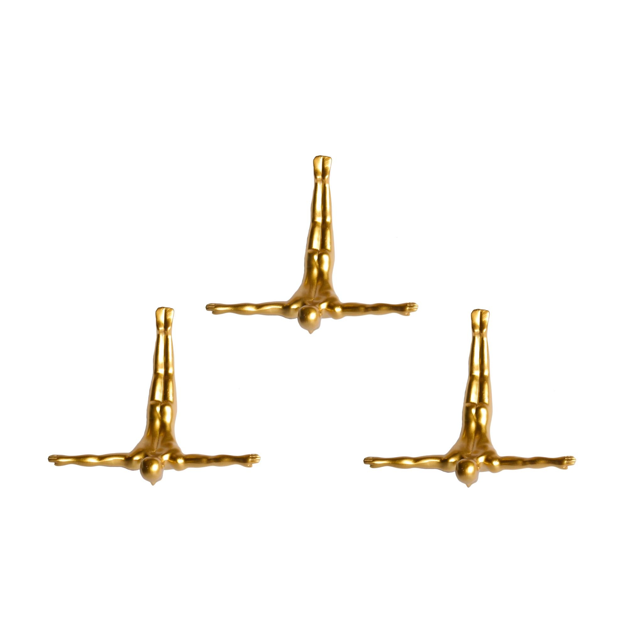 Set of Three Gold Resin Diving Man Hanging Dimensional Sculpture