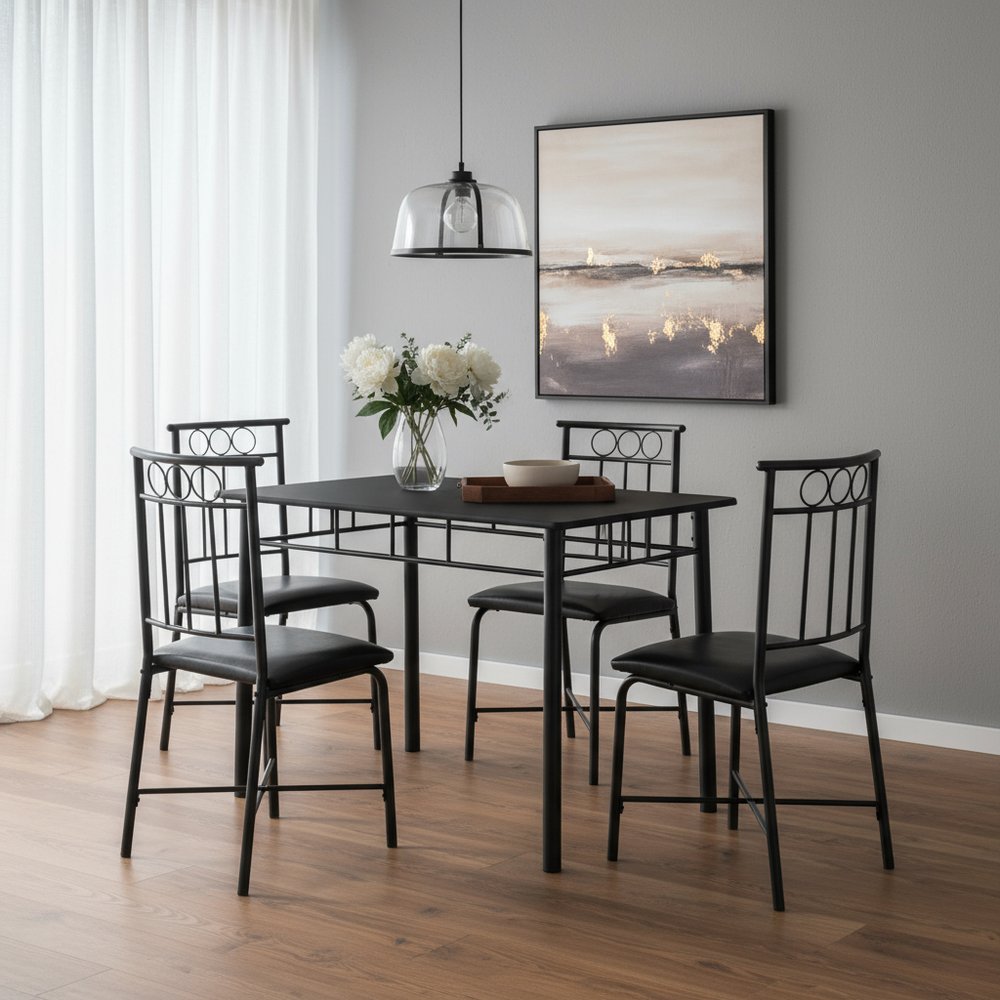 61.5" X 73.5" X 101" Black Metal Foam Polyurethane Leather Look Polyes 5Pcs Dining Set