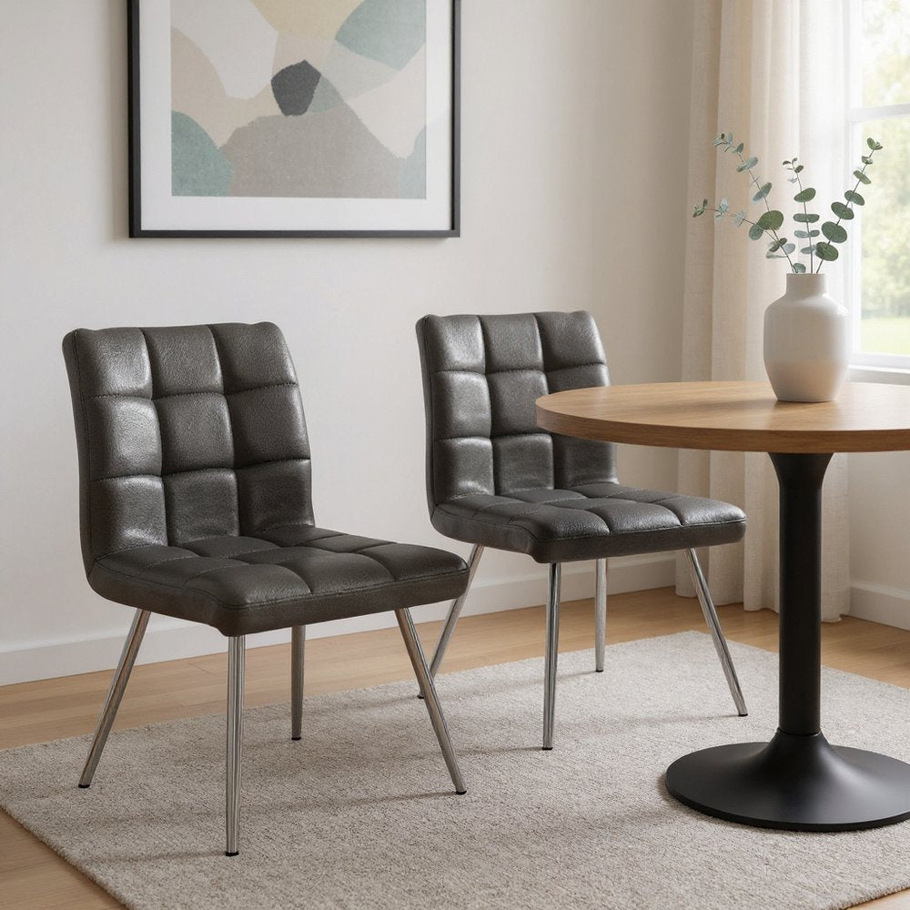 Set of Two Tufted Gray And Silver Upholstered Faux Leather Dining Side Chairs