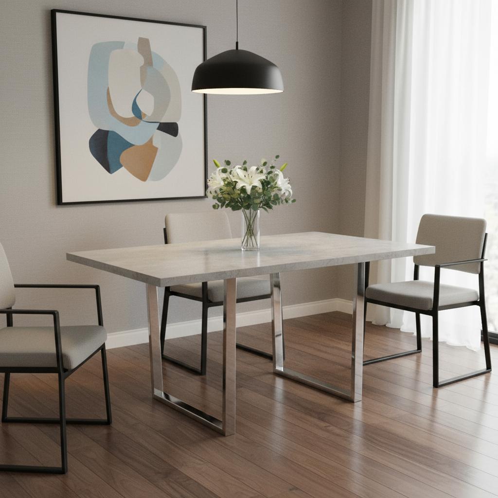 59" Gray And Silver Metal Sled Base Dining Table