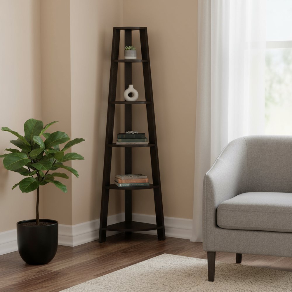 71" White Wood Five Tier Corner Bookcase