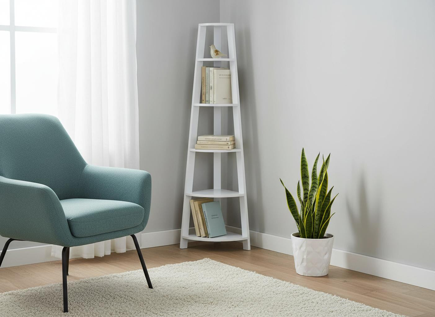 71" Gray Wood Five Tier Corner Bookcase