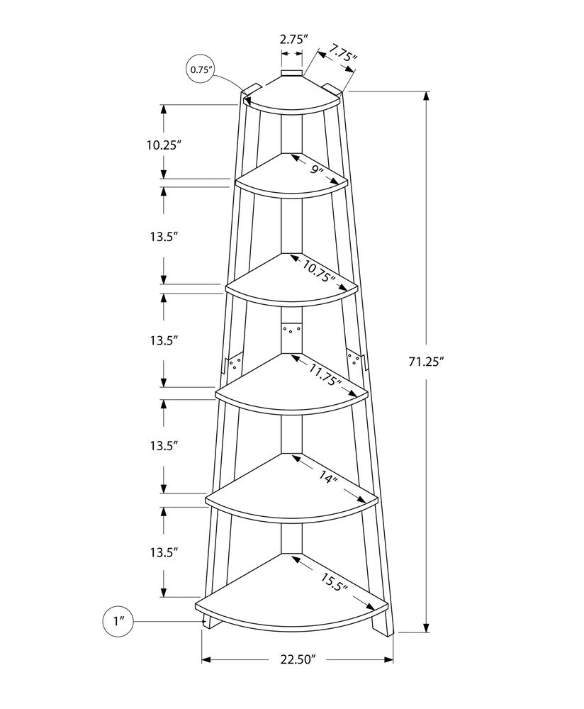 71" White Wood Five Tier Corner Bookcase