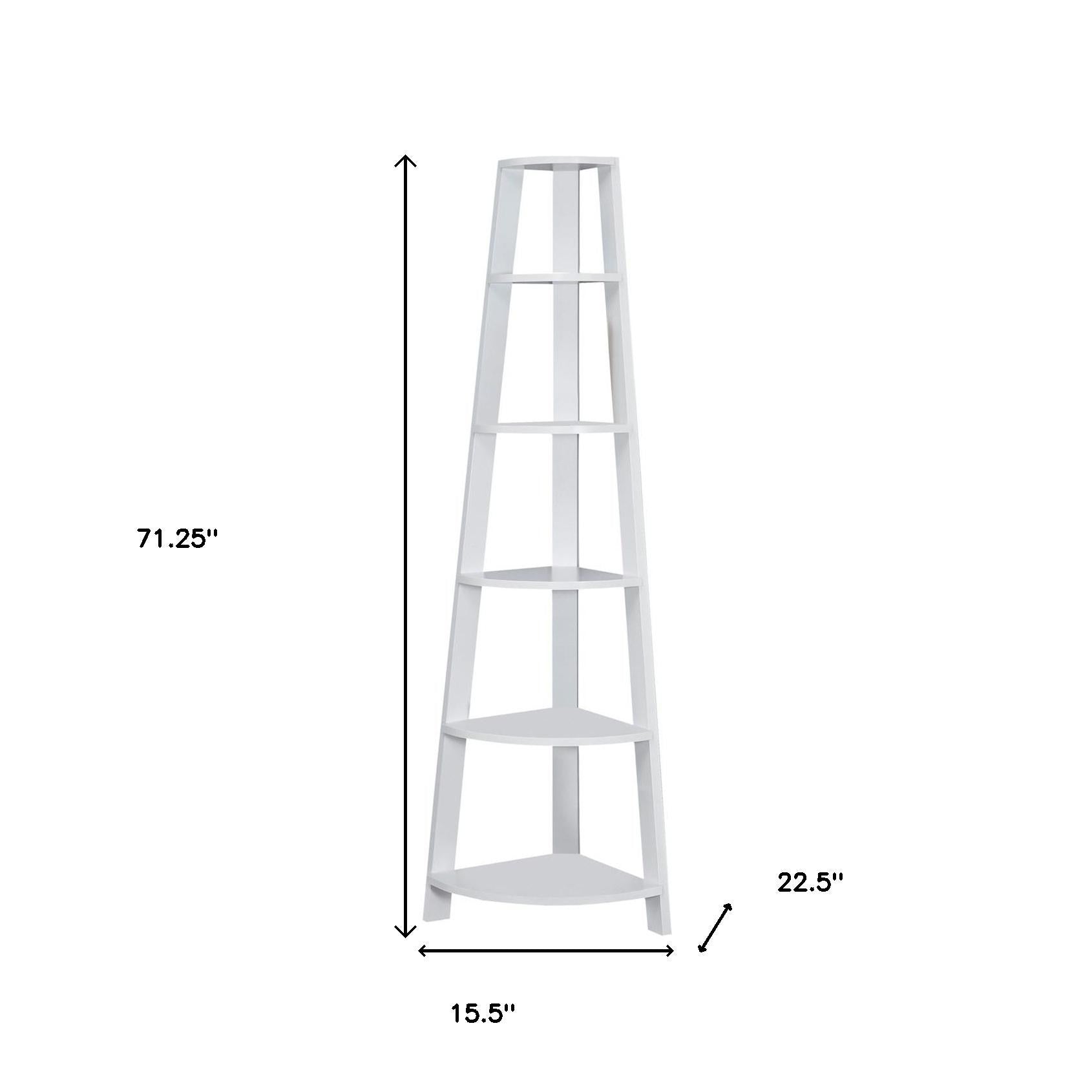 71" White Wood Five Tier Corner Bookcase