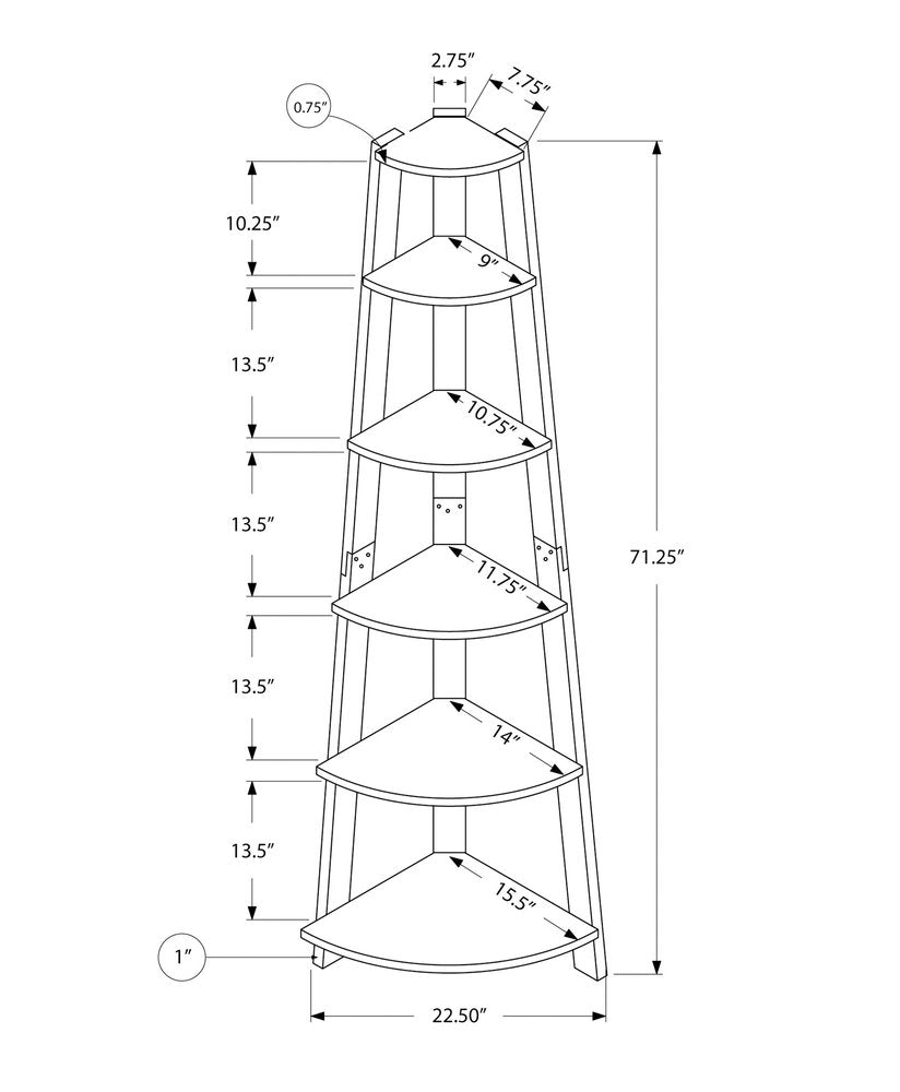 71" White Wood Five Tier Corner Bookcase