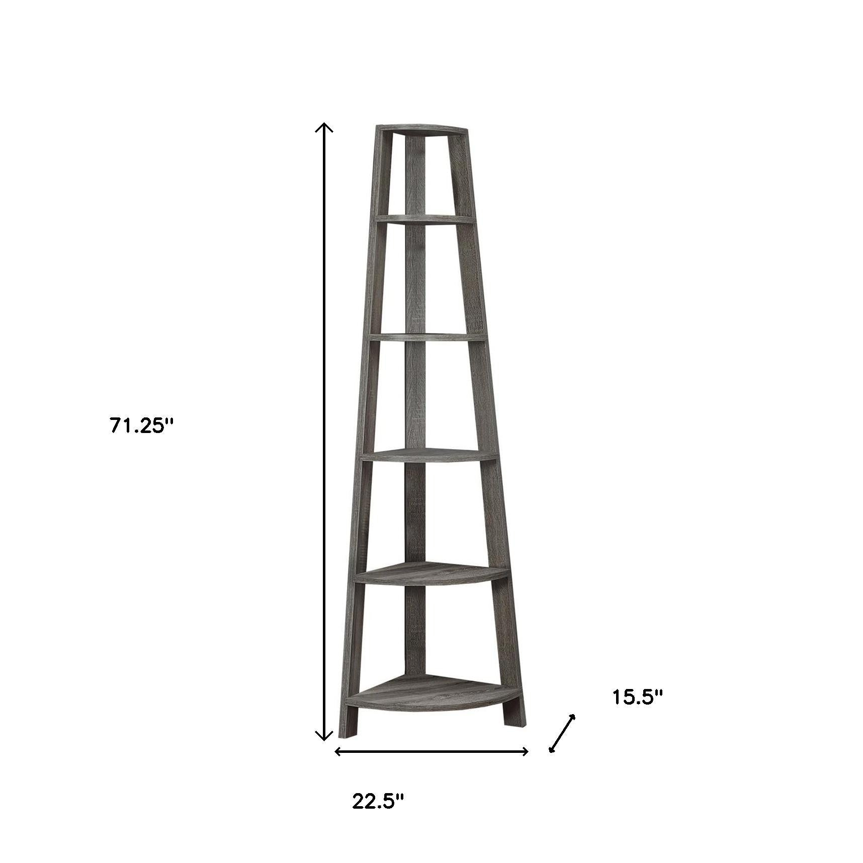 71" Taupe Wood Five Tier Corner Bookcase