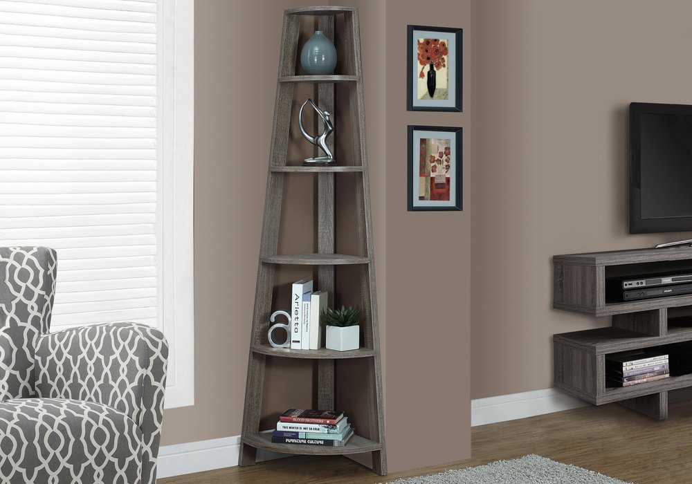 71" Gray Wood Five Tier Corner Bookcase