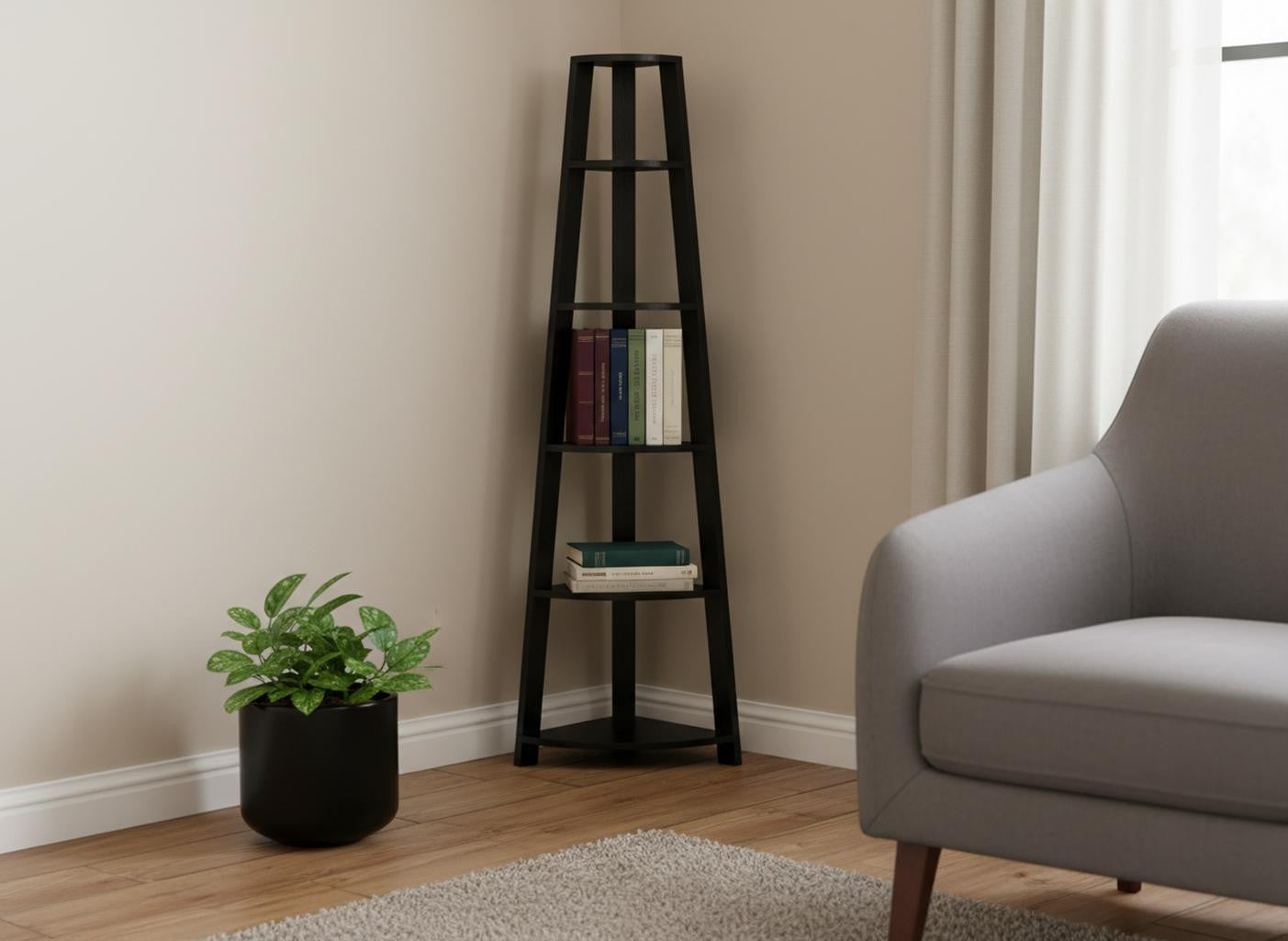 71" Gray Wood Five Tier Corner Bookcase