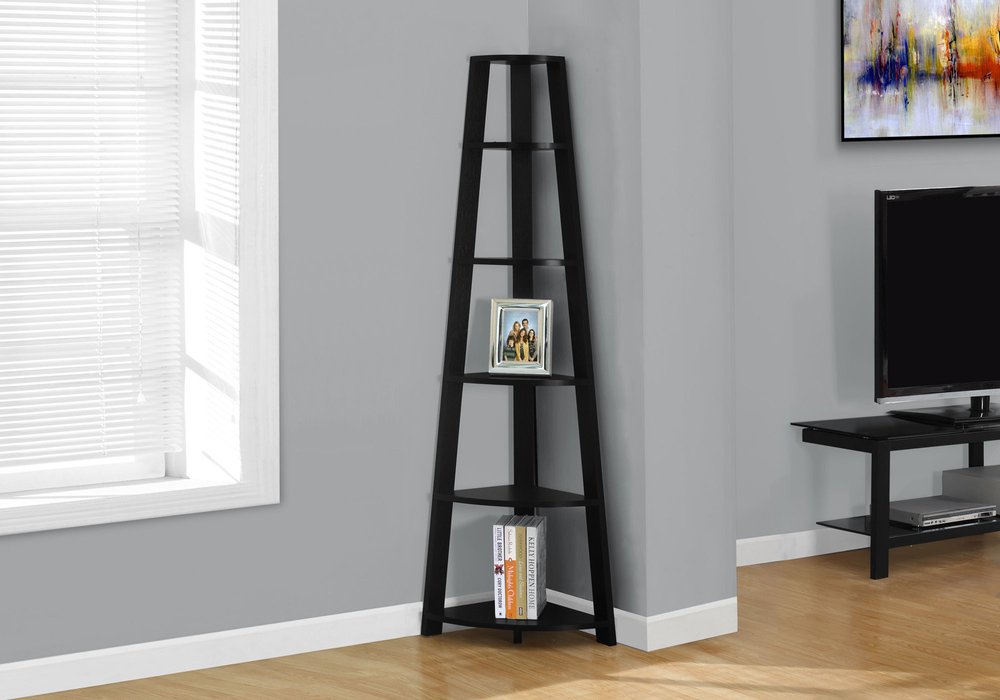71" Gray Wood Five Tier Corner Bookcase