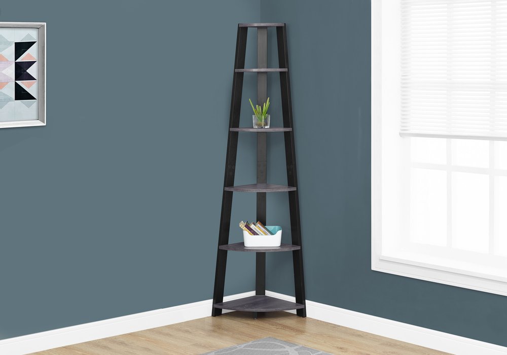 71" Gray Wood Five Tier Corner Bookcase