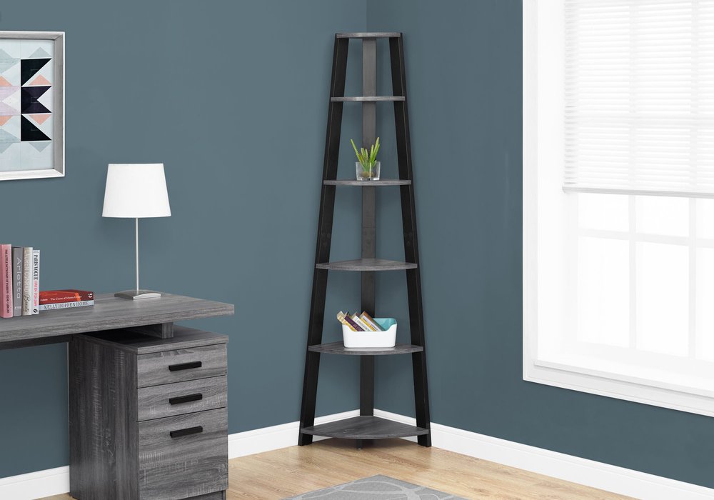 71" Gray Wood Five Tier Corner Bookcase
