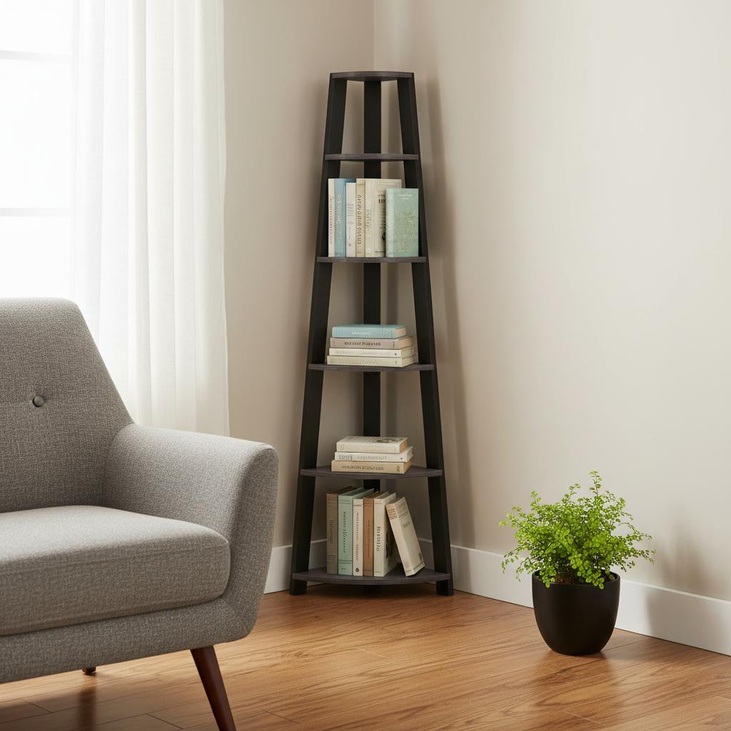 71" Gray Wood Five Tier Corner Bookcase