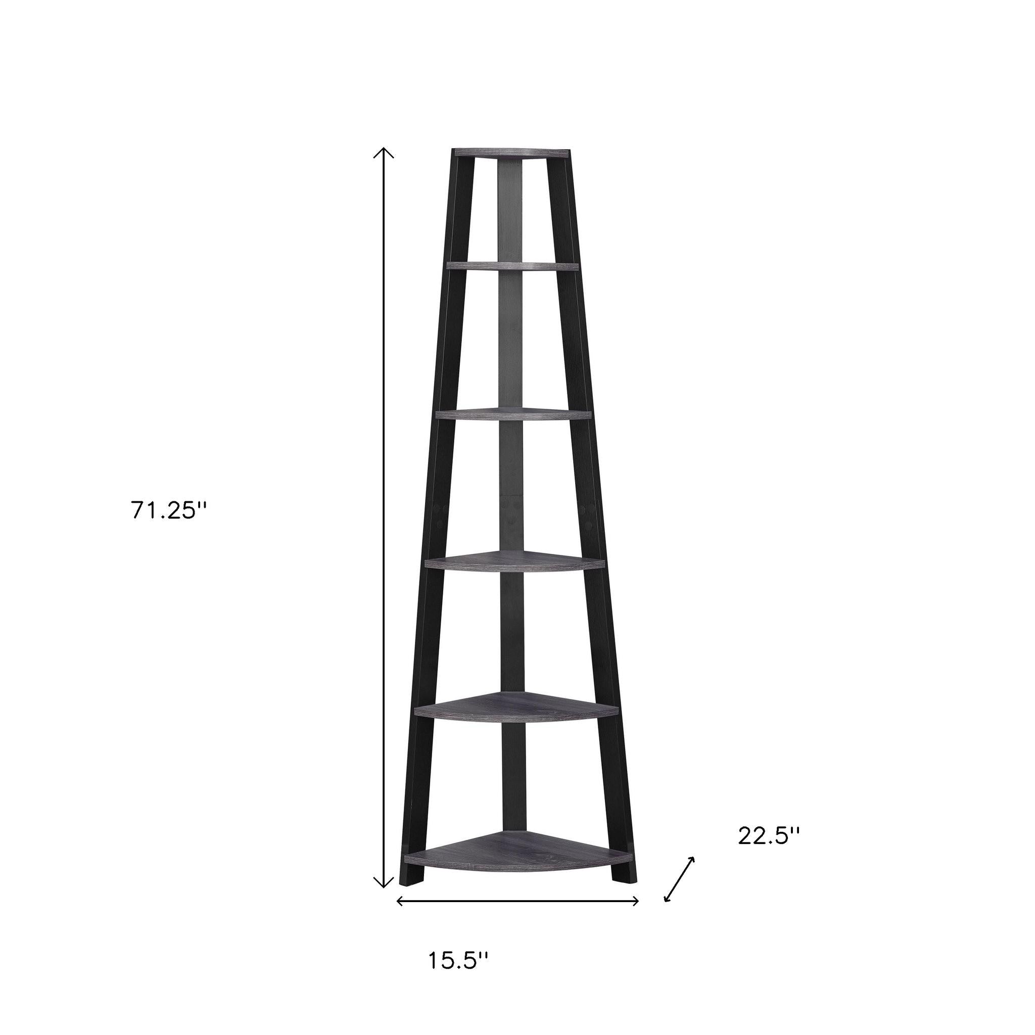 71" Gray Wood Five Tier Corner Bookcase