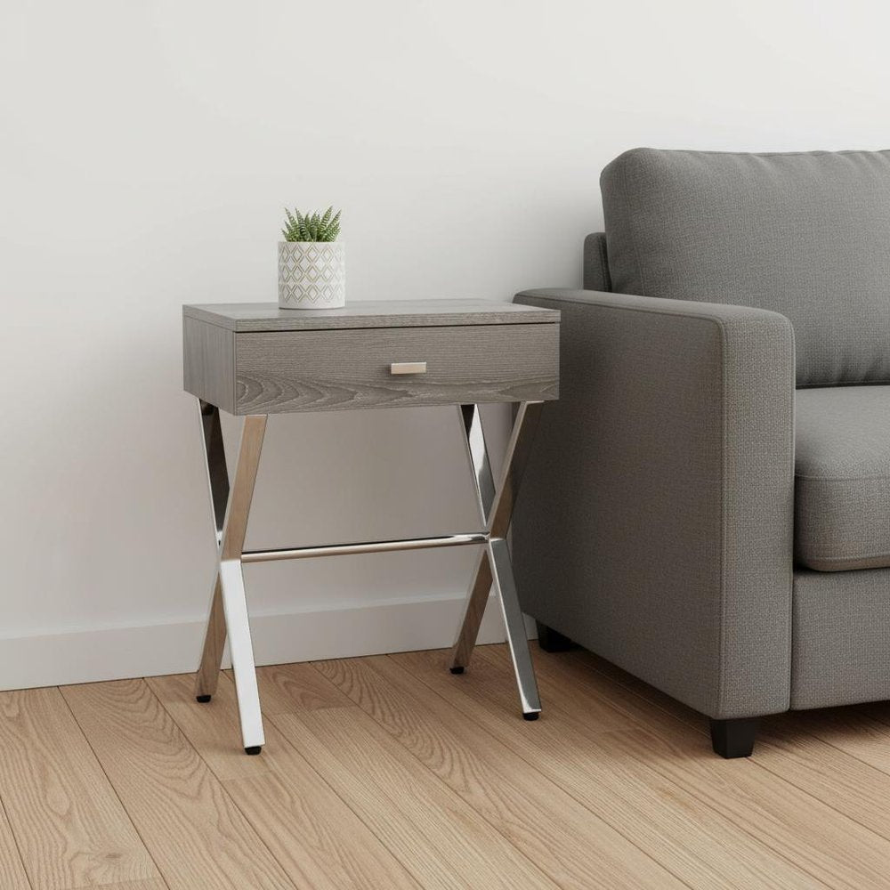 22" Silver And Gray Wood And Metal End Table With Drawer
