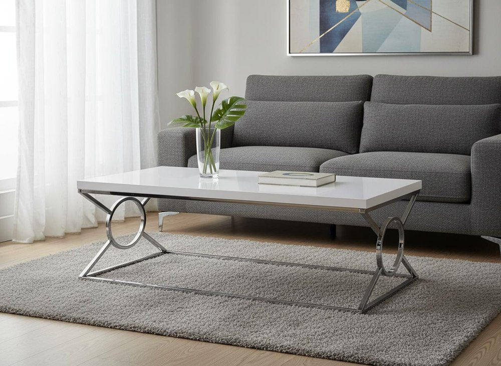 44" White And Silver Wood And Iron Coffee Table