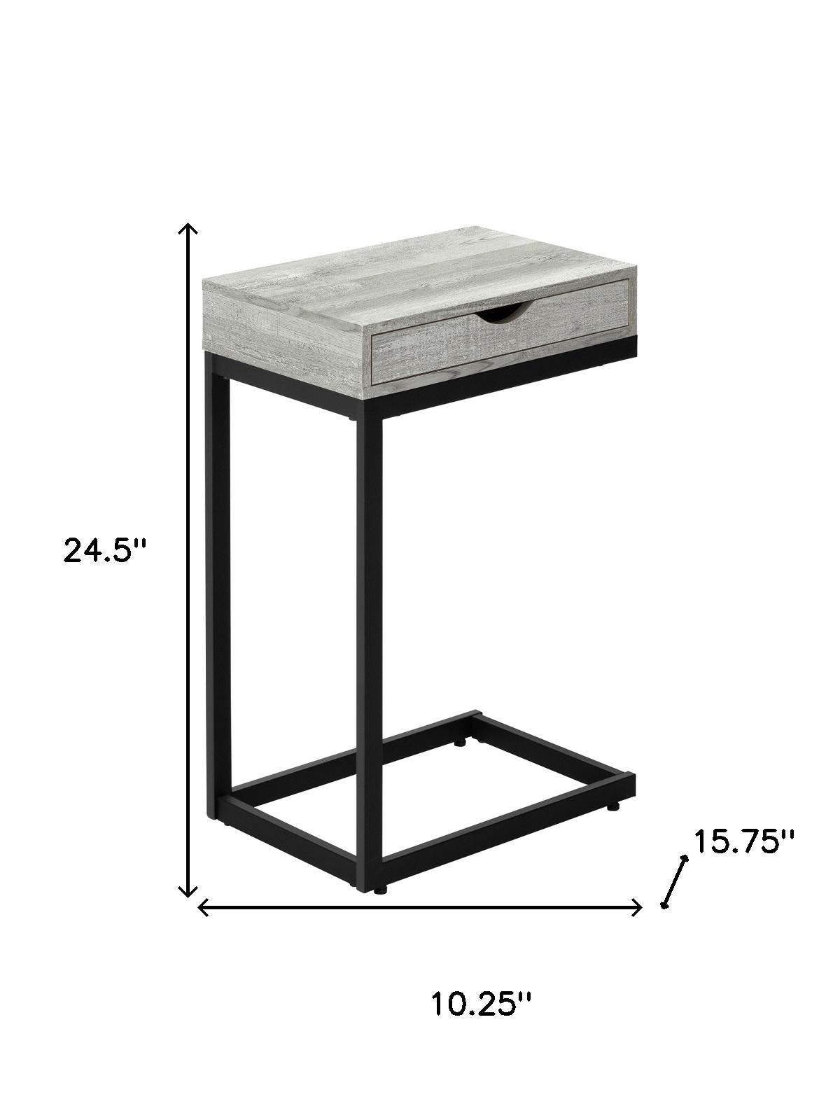 10.25" X 15.75" X 24.5" Grey Finish Drawer And Black Metal Accent Table