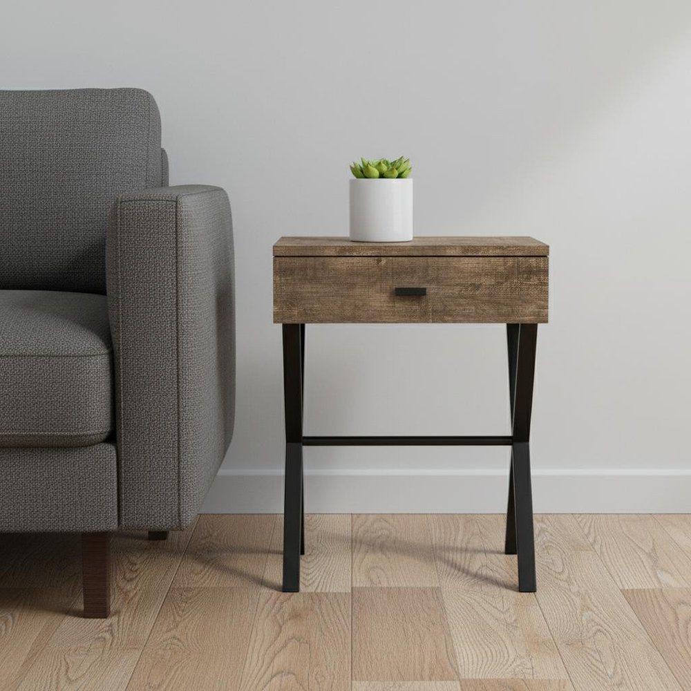 22" Silver And Gray Wood And Metal End Table With Drawer