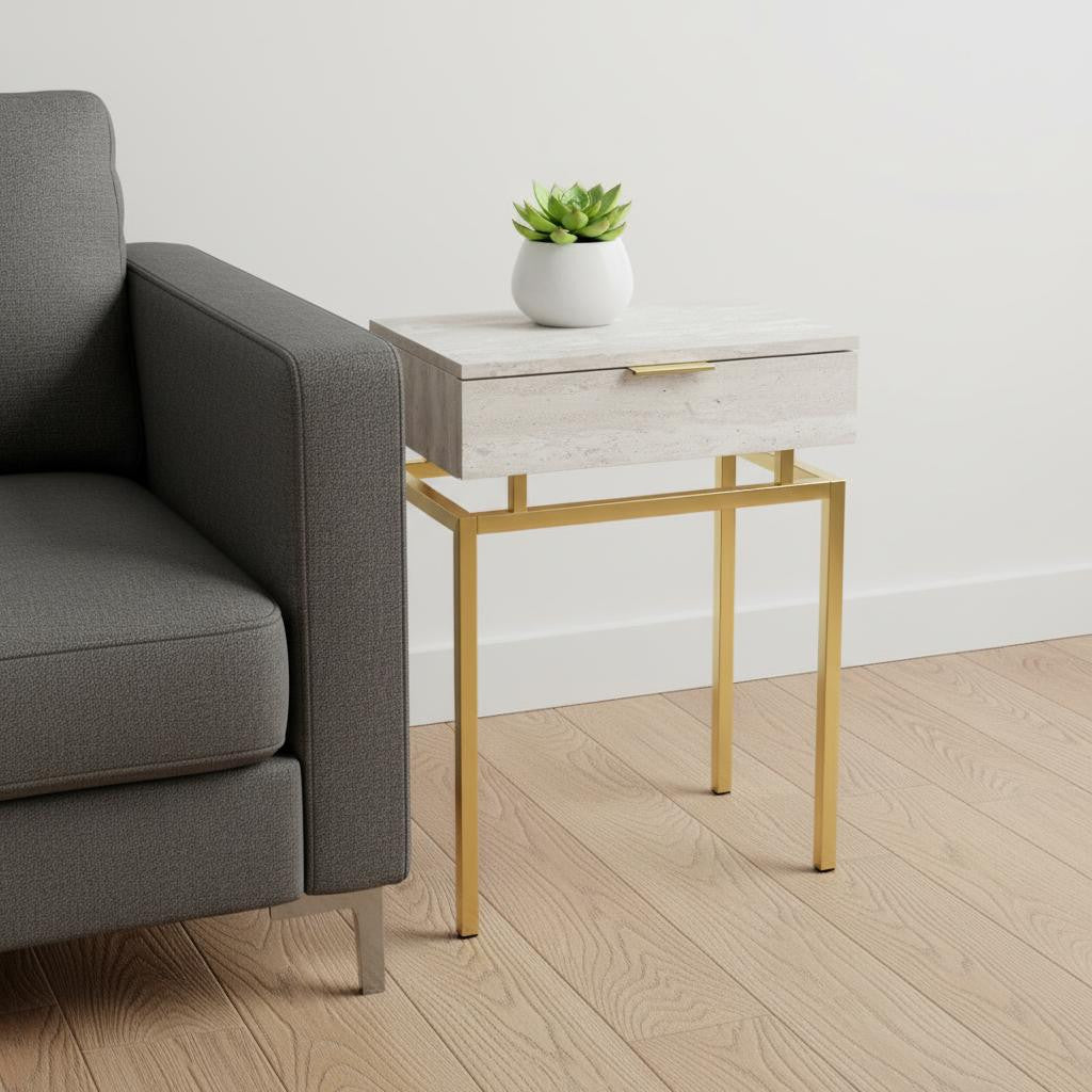 23" Gold And Beige Wood And Metal End Table With Drawer