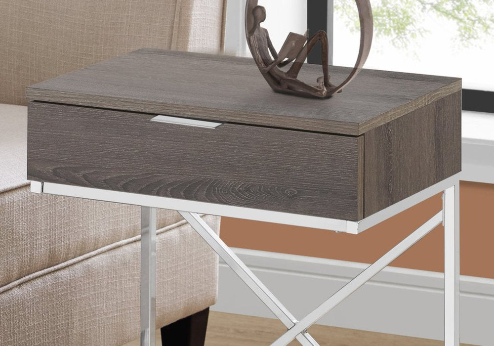 24" Silver And Gray Wood And Metal End Table With Drawer
