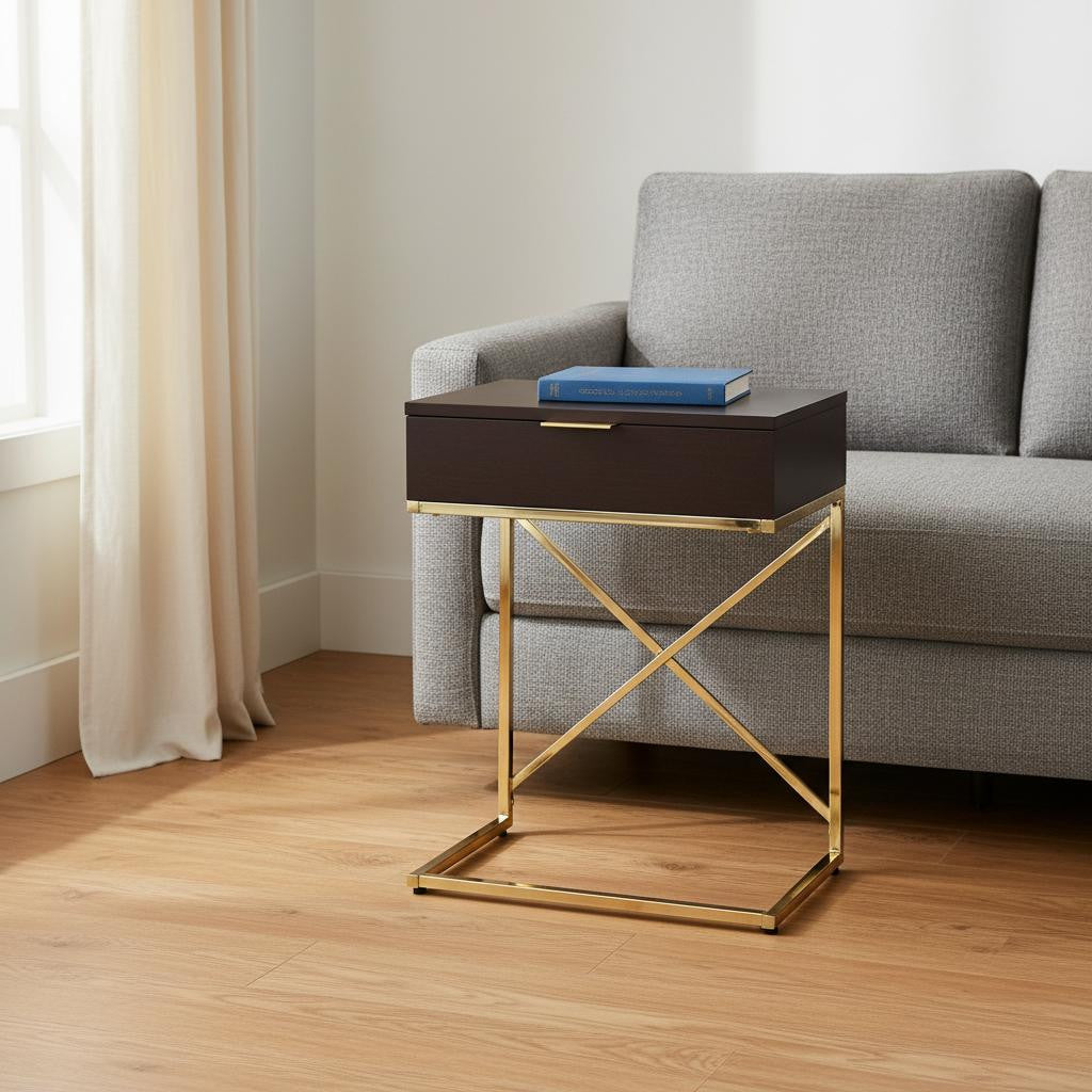 24" Gold And Black Wood And Metal End Table With Drawer