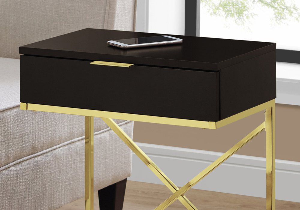 24" Gold And Black Wood And Metal End Table With Drawer