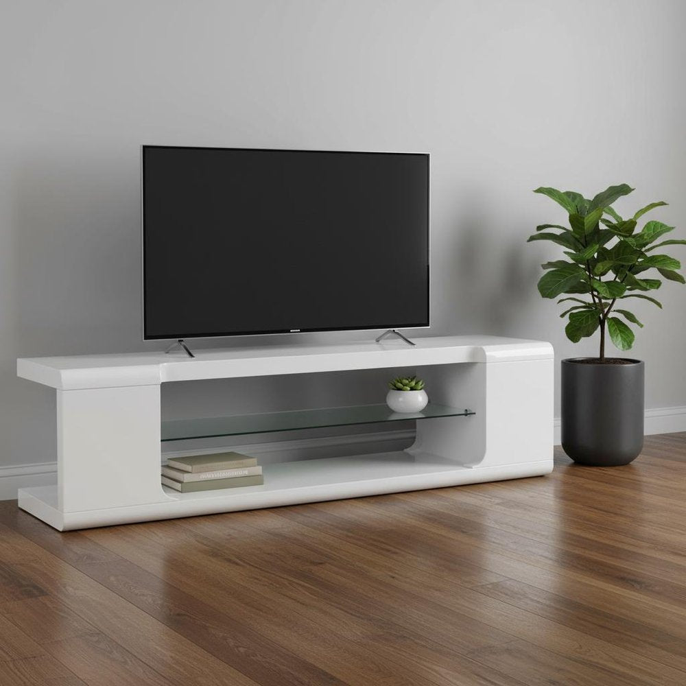 15.75" X 59" X 15.75" White Clear Hollow Core Tempered Glass TV Stand