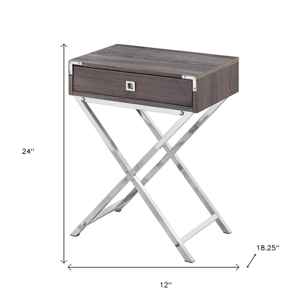 24" Silver And Deep Taupe Wood And Metal End Table With Drawer