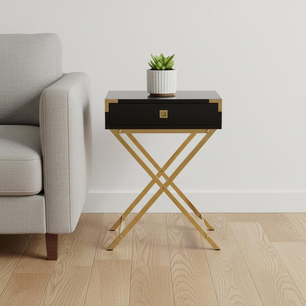 24" Silver And Deep Taupe Wood And Metal End Table With Drawer