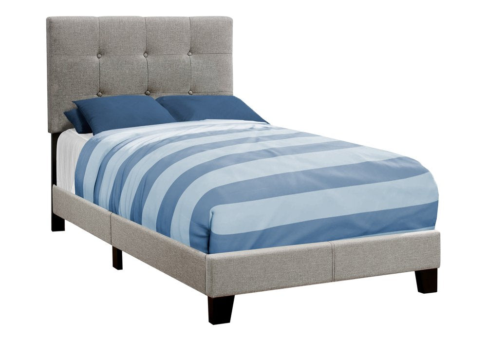 Gray Twin Tufted Upholstered Linen Bed Frame with Nailhead Trim