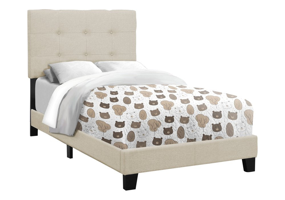 Gray Twin Tufted Upholstered Linen Bed Frame with Nailhead Trim