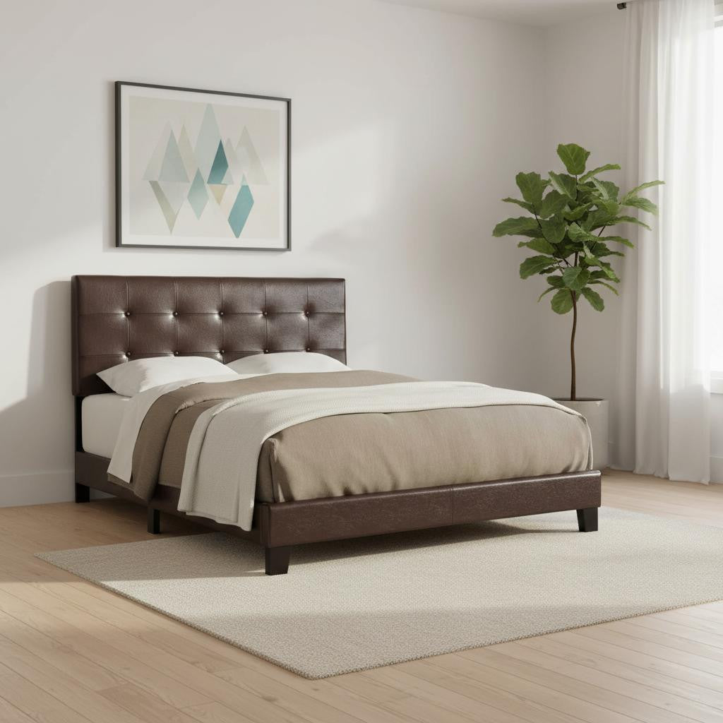 Dark Brown Solid Wood Queen Tufted Upholstered Linen Bed Frame with Nailhead Trim