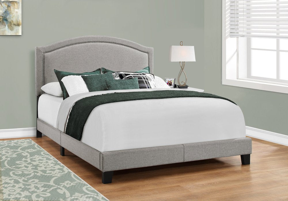 Gray Solid Wood Queen Upholstered Linen Bed Frame with Nailhead Trim