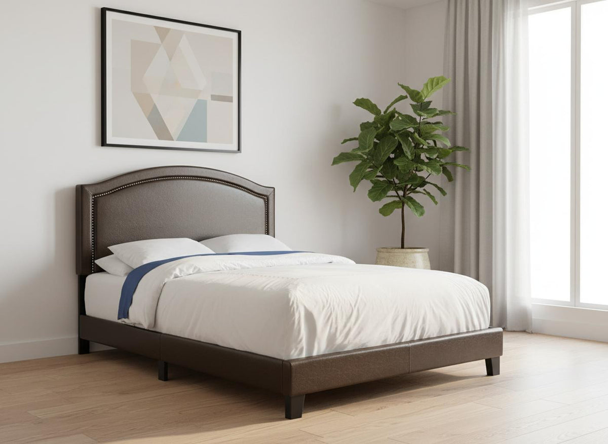 Brown Solid Wood Queen Upholstered Linen Bed Frame with Nailhead Trim