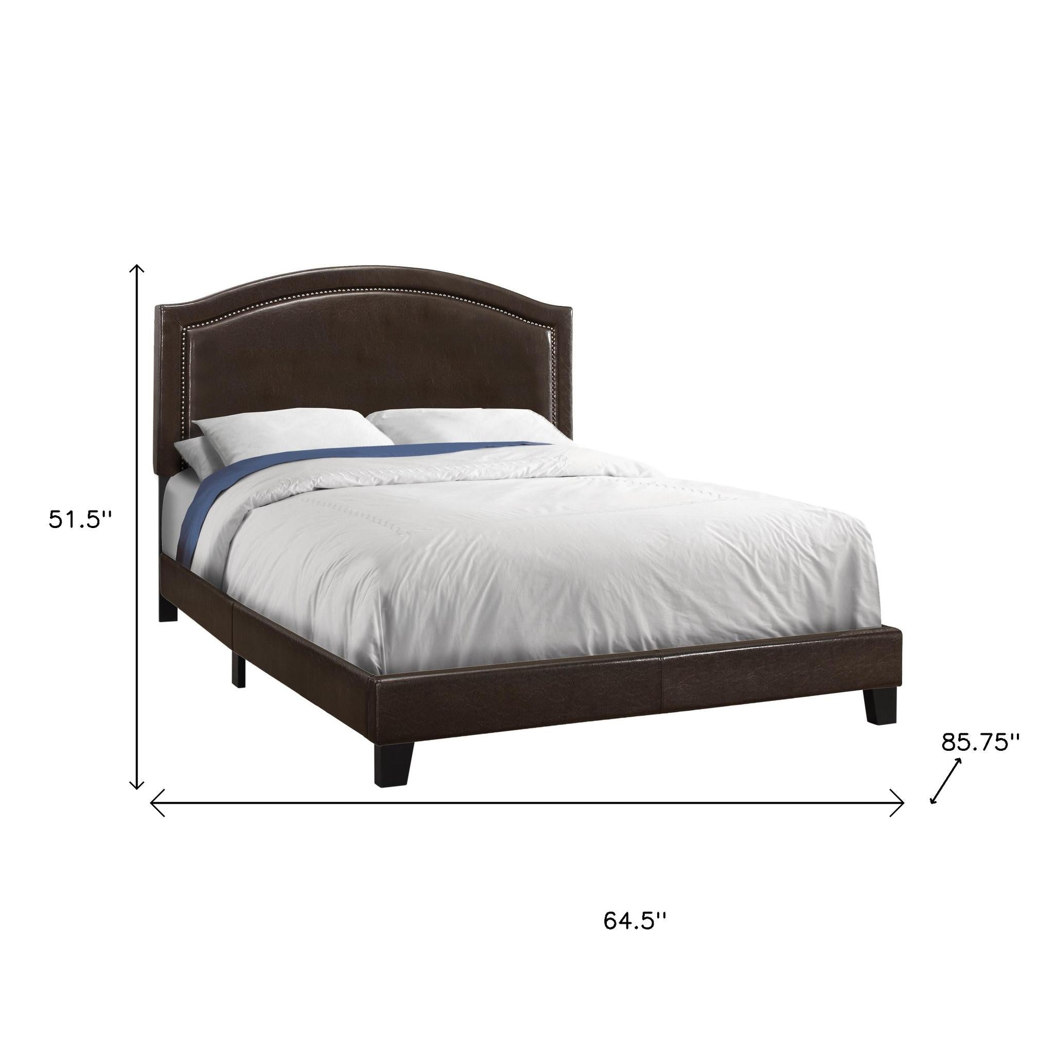 Brown Solid Wood Queen Upholstered Linen Bed Frame with Nailhead Trim