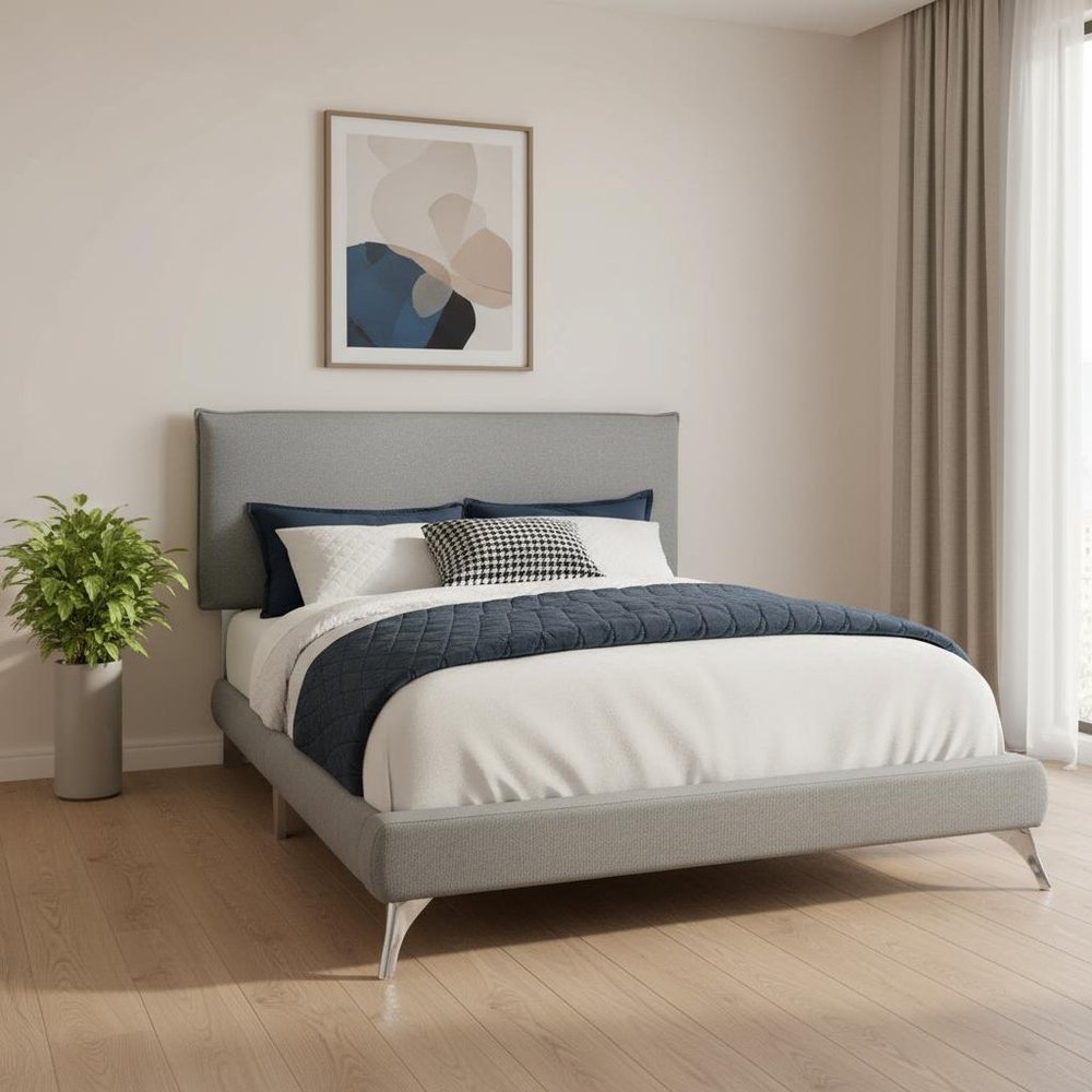 Gray Solid Wood Queen Upholstered Linen Bed Frame with Nailhead Trim