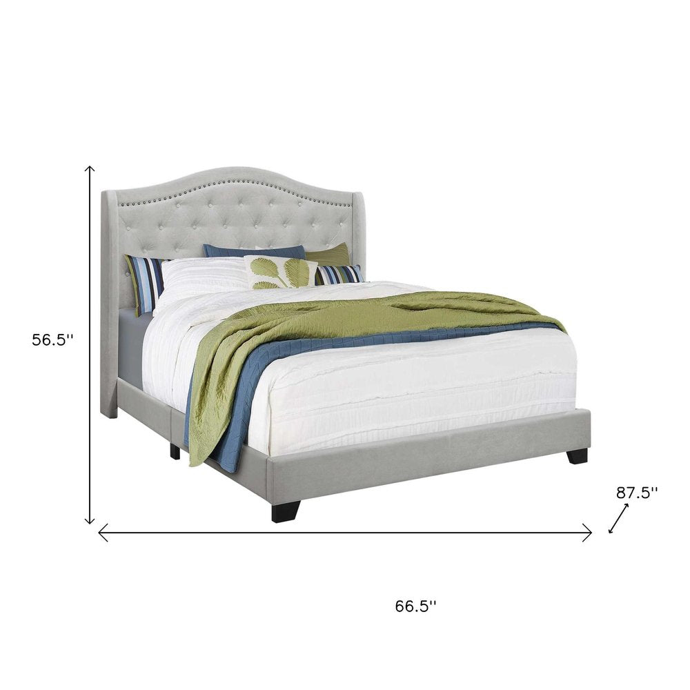 Light Gray and Gray Wood Tufted Upholstered Queen Bed Frame with Nailhead Trim