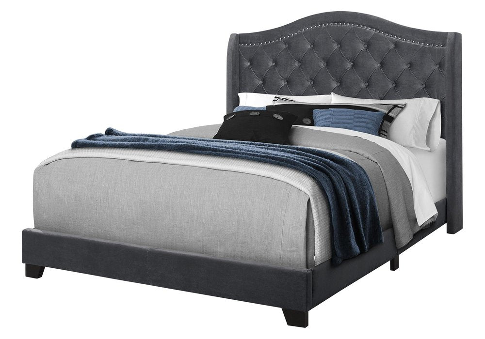 Light Gray and Gray Wood Tufted Upholstered Queen Bed Frame with Nailhead Trim