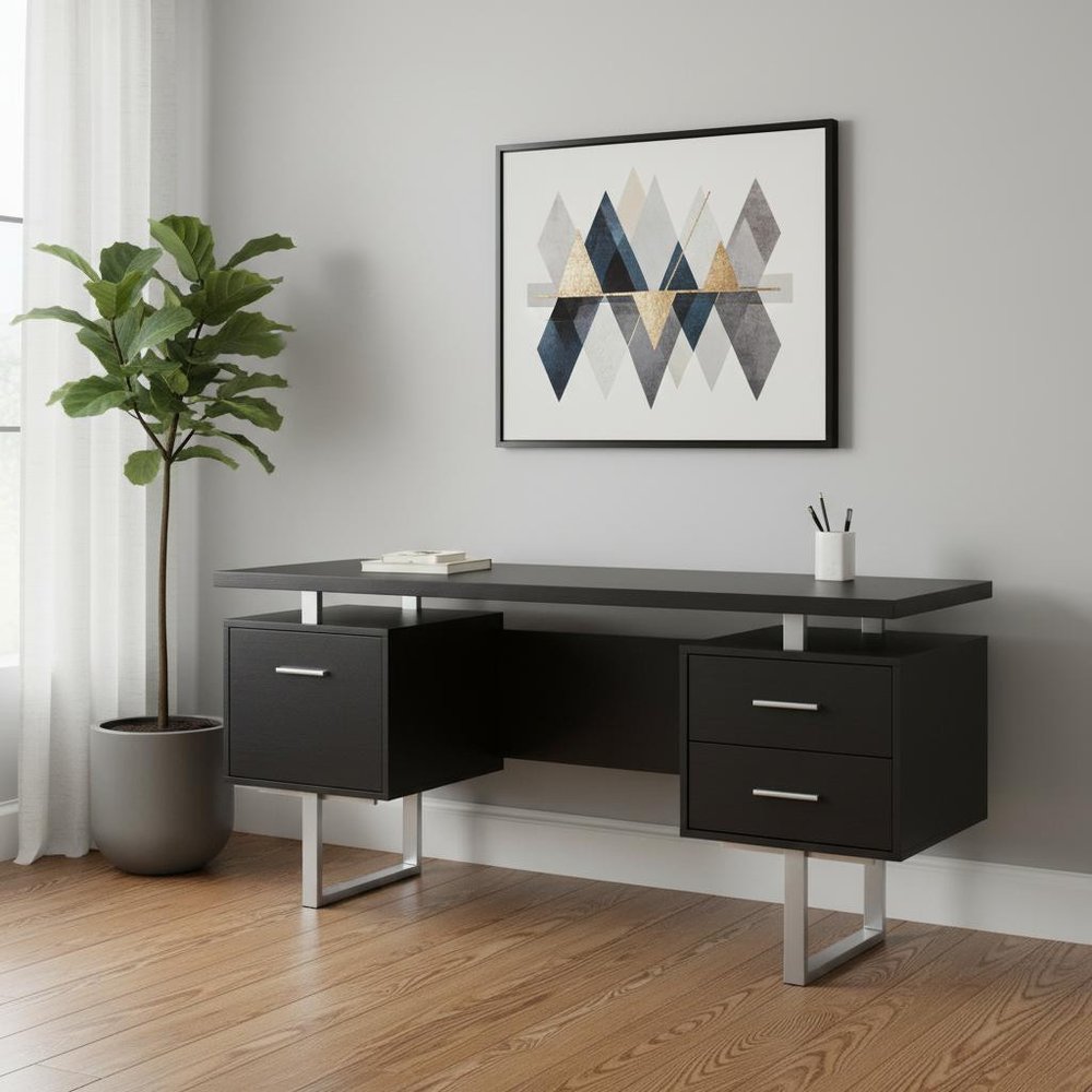 60" Brown and Silver Computer Desk With Three Drawers