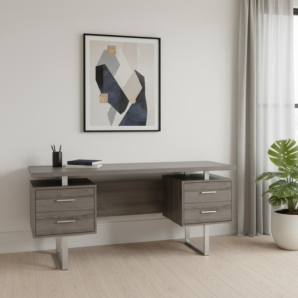 24" Brown and Silver Computer Desk With Three Drawers
