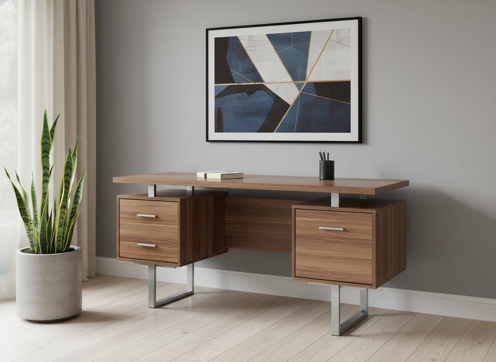 24" Brown and Silver Computer Desk With Three Drawers