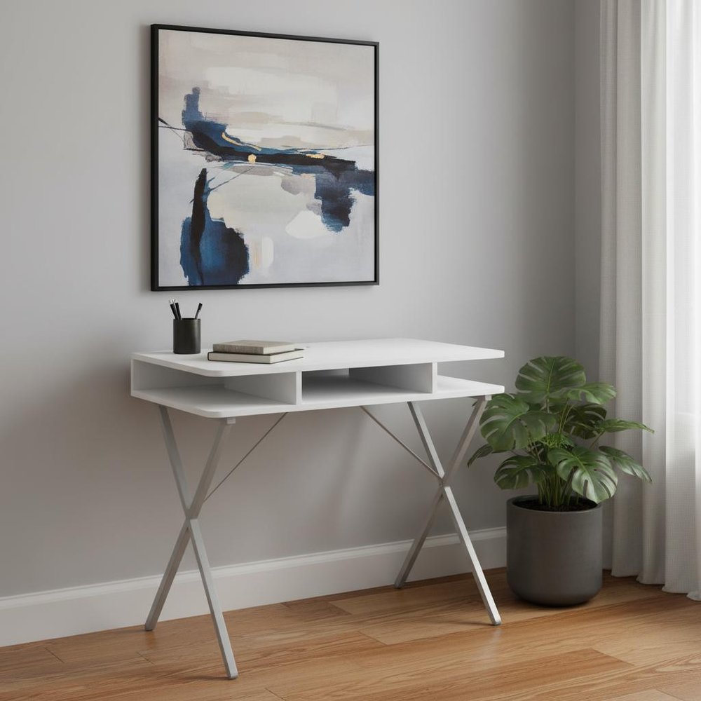 32" White and Silver Computer Desk