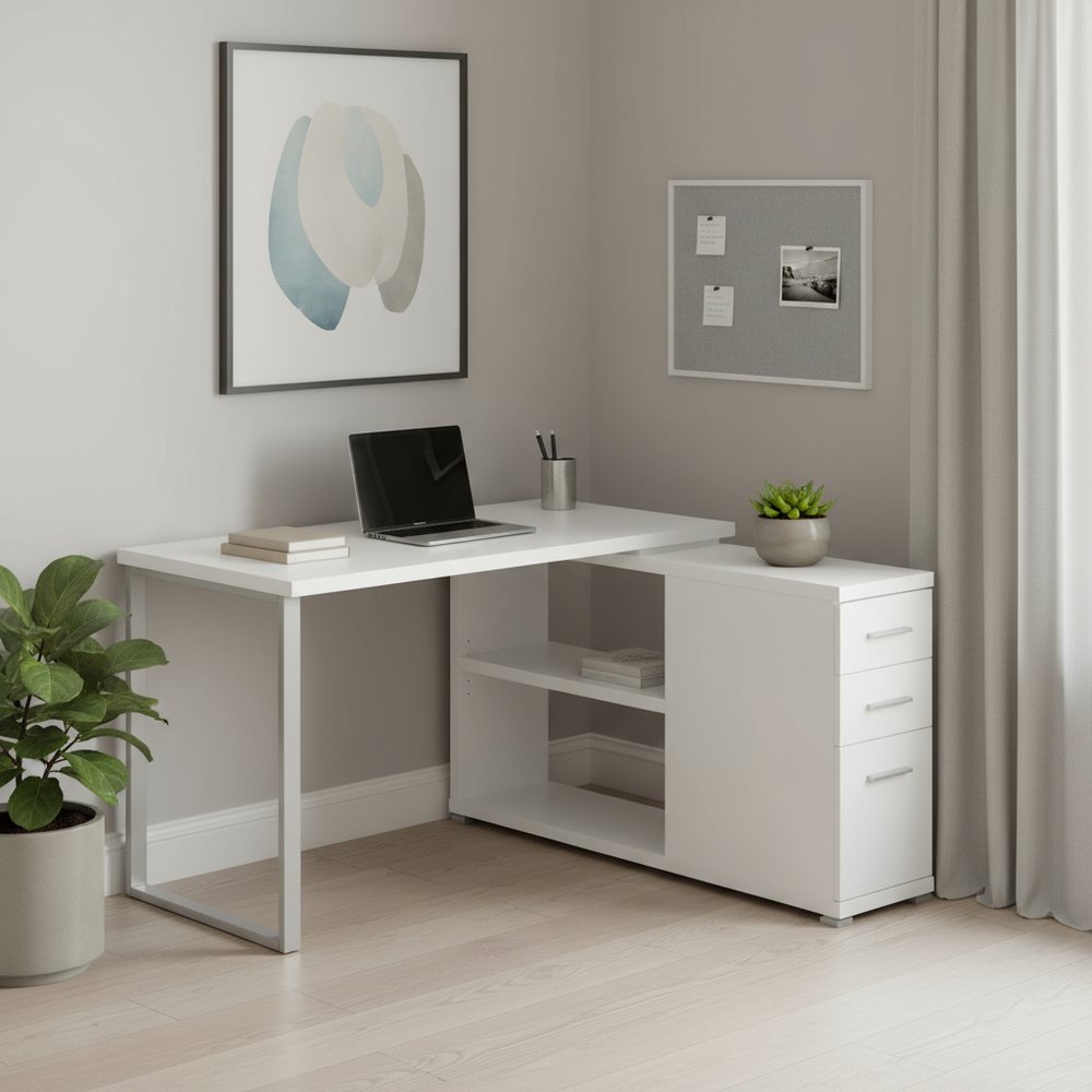 47" White and Silver L Shape Computer Desk With Three Drawers