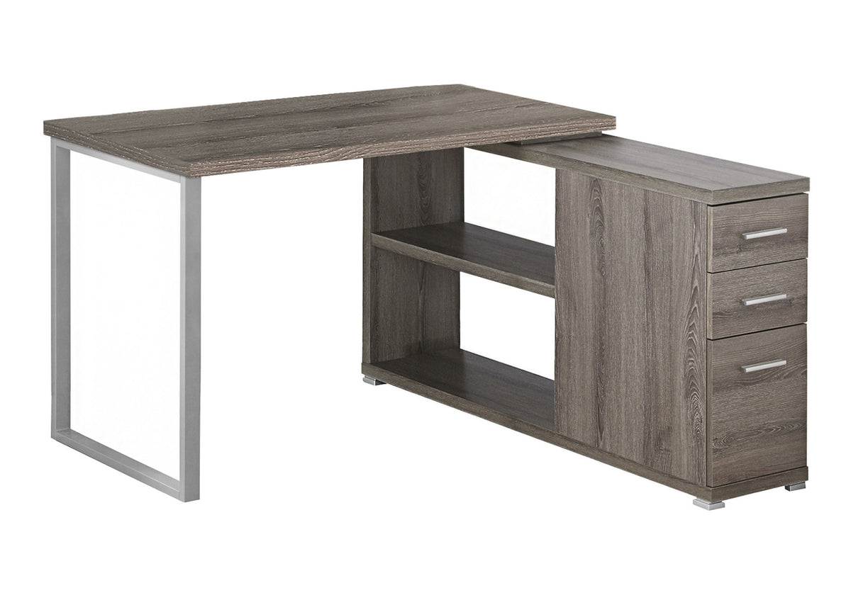 47" Taupe and Silver L Shape Computer Desk With Three Drawers